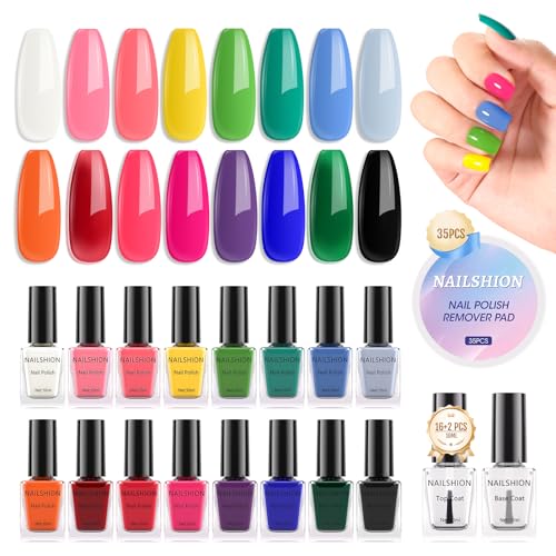 Nail Polish | 16 Colors Rainbow White Air Dry Regular Nail Polish Set with Base Top Coat & Remover Pads Spring Summer Classic French Fingernail Polishes Non-gel Bulk Gift for Nail Art Lovers