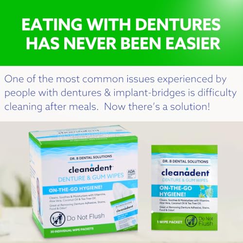 Dr. B Dental Solutions Cleanadent Wipes - Convenient Denture Cleaning Wipes, Refreshes Gums, No Artificial Colors/Flavors - 30 Pack