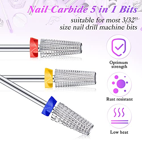 Honoson 3 Pcs Carbide 5 in 1 Nail Drill Bit Set Two Way Rotate Use for Both Left and Right Handed，Xf，F，M 3/32 Inch Drill Nails for Acrylic Nail Gel Fast Remove(Silver)