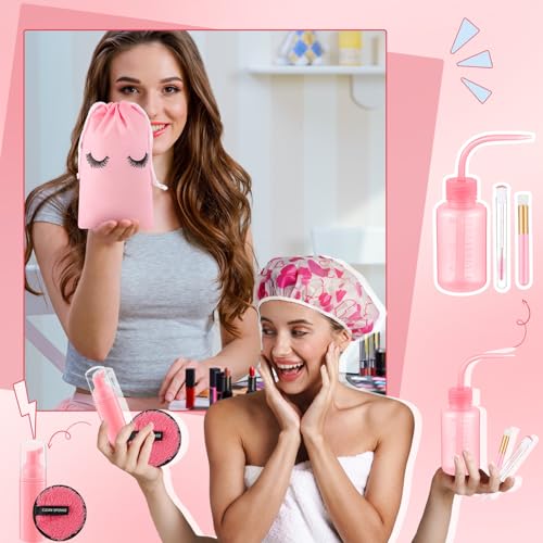 60 Pcs Lash Shampoo Brushes Set 10 Lash Shampoo Brushes 10 Mascara Tubes and Wands 10 Foam Pump Bottle 10 Cleaning Rinse Bottles 10 Makeup Remover Pad 10 Aftercare Drawstring Bag(Pink)