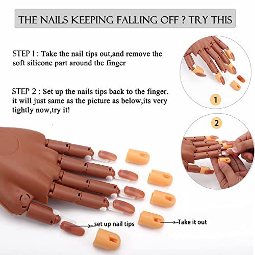 Practice Hand for Acrylic Nails, Professional Nail Practice Hand Nail Training Hand, Flexible Moveable False Fake Mannequin Hand for Nails Art Practice Display with 100Pcs Brown Fake Nail Tips