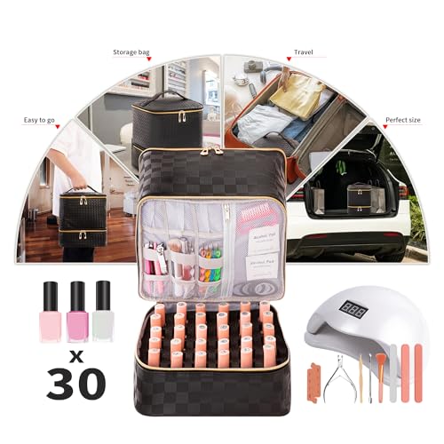 Portable Nail Polish Organizer Bag with UV Light Case - Holds 30 Bottles and 1 UV Nail Lamp, Double-Layers Nail Dryer Case for Gel Nail Polish Kit, Nail Art Decorations（Checkered Black）