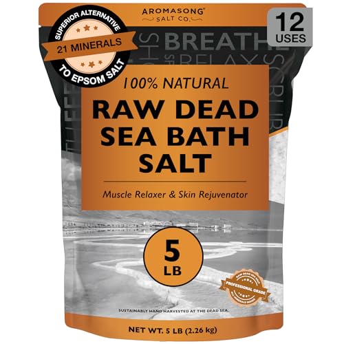 Aromasong Raw Dead Sea Bath Salt - Minimally Cleaned, Contains More Dead Sea Minerals Including Dead Sea Mud - 100% Pure & Natural Dead Sea Salts for Soaking 5 LB - Bulk Resealable Pack