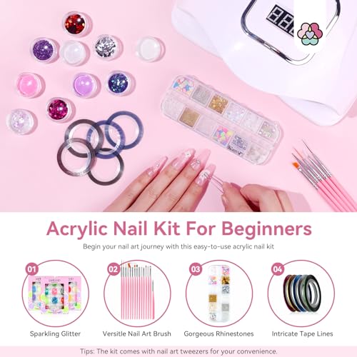 Saviland Acrylic Nail Kit for Beginners: Keratin Acrylic Powder Castor Oil Vitamin E Gel Nail Polish Primer 180W Nail Lamp Nail Drill Full Tools Everything Home Starters