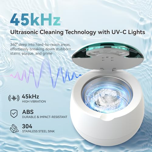 Dental Ultrasonic Retainer Cleaner Machine - 45kHz Retainer Cleaner Machine with 200ML Dental Pod, 9 Modes Ultrasonic Cleaner for Denture, Mouth Guard Clenching, Aligner, Braces, Toothbrush, Jewelry