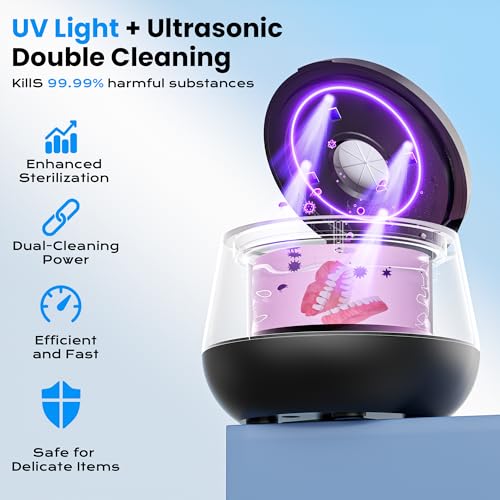 45kHz Ultrasonic Retainer Cleaner, 200ML Dental Cleaning Pod for Dentures, Mouth Guards, Braces, Aligner, Toothbrush Jewelry and More, UV Denture Cleaner with 4 Modes & Digital Timer