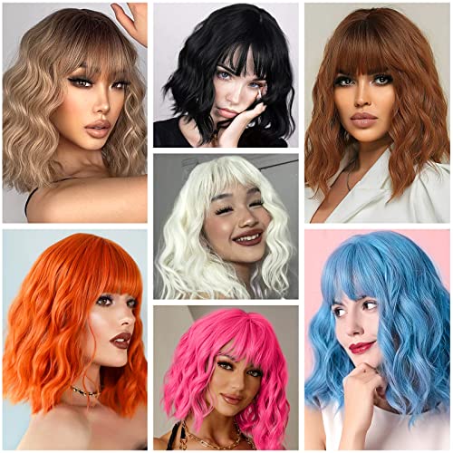 Short Pink Wigs for Women Short Wavy Hot Pink Wigs with Bangs Synthetic Curly Bob Wig Curly Shoulder Length Cosplay Wig for Women Girls