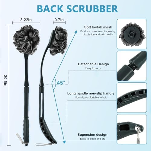 Loofah with Handle, 20.5'' Replaceable Shower Loofah to Improve Skin Health, Body Scrubber, for Women and Men with String for Easy Hanging（Dark Black）