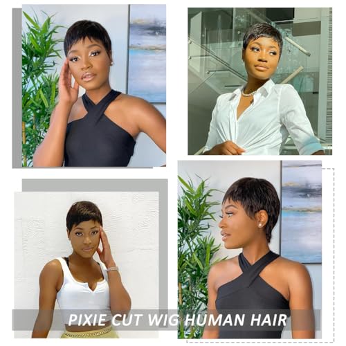 Pixie Cut Wig Human Hair Short Pixie Cut Wigs for Black Women Human Hair Glueless pixie Layered None Lace Front Wig with Bangs Natural Straight Full Machine Made 1B Color
