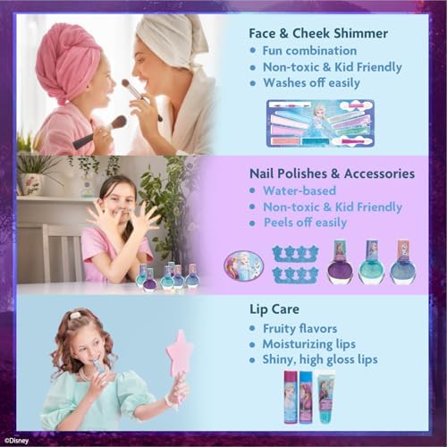 Disney Frozen Train Case Beauty Set, Kids Makeup Kit for Girls, Real Washable Makeup Set, Play Makeup, Party Favor, Birthday, Ages 3 4 5 6 7 8 9 10 11 12 by Townley Girl