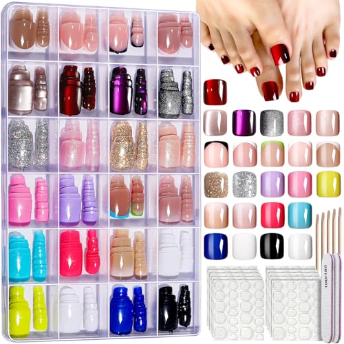 FANDAMEI Press On Toenails - 24 Colors Short Square, French Tips Cat Eye Toe Nail Press Ons for Women & Girls, Red Fake Toe Nails, Ombre Glossy Visual Effect