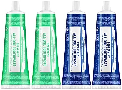 Dr. Bronner’s - All-One Toothpaste Variety Pack - Peppermint & Spearmint, 70% Organic Ingredients, Fluoride-Free, Helps Freshen Breath, Vegan (5oz, 4-Pack)