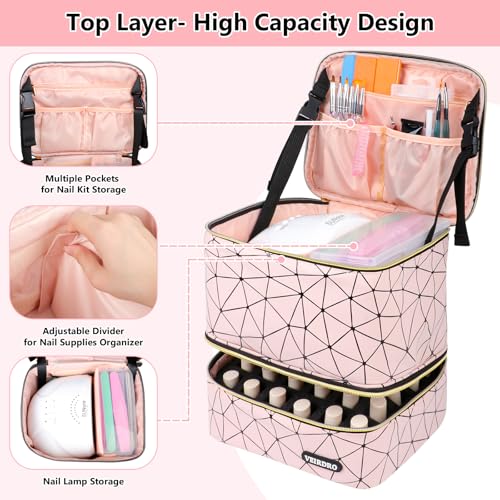 Nail Polish Organizer Bag Holds 30 Bottles (15ml/0.5 fl.oz)& Nail Lamp, Portable Travel Nail Kit Storage Carrying Case, Double Layer Nail Supplies Holder Bag PU Leather Women (Baby Pink)