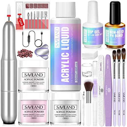 SAVILAND Acrylic Nail Kit with Drill: Professional 0.5Oz Clear/White/Pink Acrylic Powder and 50ml Liquid Set with Drill Nail Brush Forms Tool Extension Set for Beginners with Everything Home DIY Salon