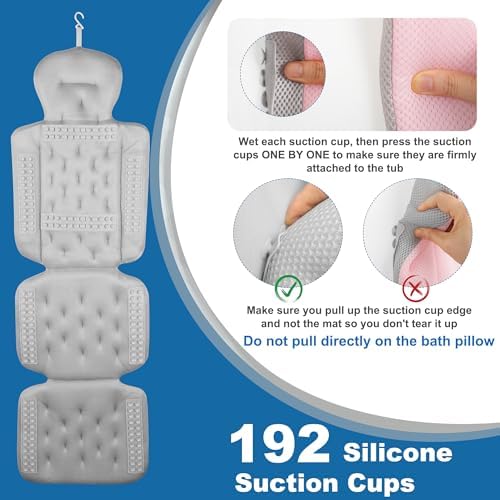 Full Body Bath Pillow, Luxury Bath Cushion with 192 Suction Cups, Bath Pillows for Tub for Head and Neck Support, with Laundry Bag Pink, 51" x 16"
