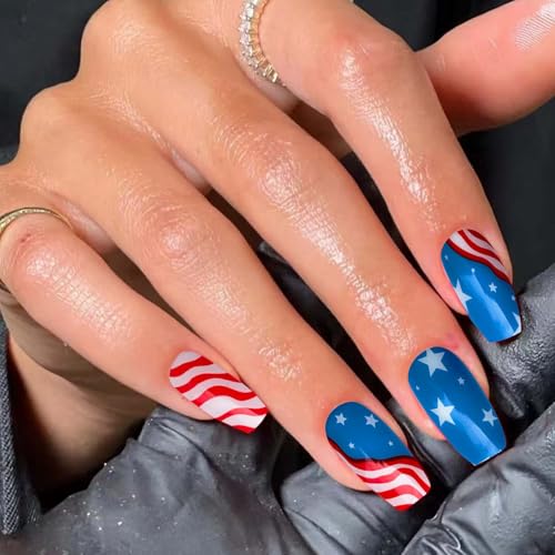 Patriotic Semi-Cured Gel Nail Strips Kit - 4th of July Nail Art Designs with 20 Salon-Quality Stickers, Easy DIY Manicure at Home (UV/LED Lamp Required)