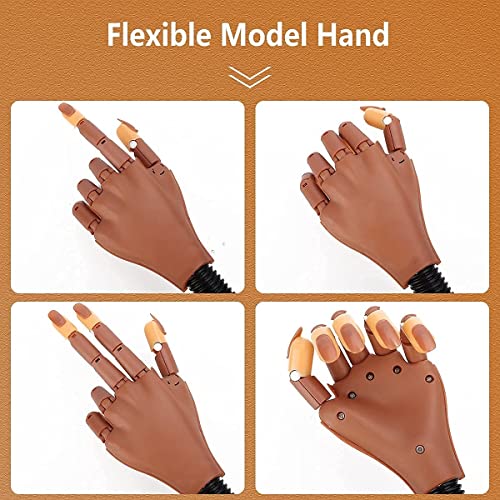 Practice Hand for Acrylic Nails, Professional Nail Practice Hand Nail Training Hand, Flexible Moveable False Fake Mannequin Hand for Nails Art Practice Display with 100Pcs Brown Fake Nail Tips