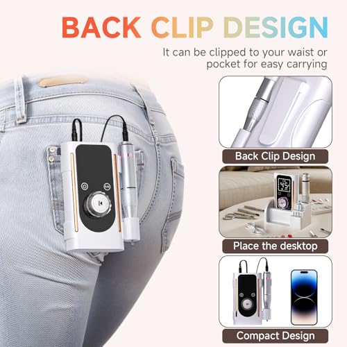 Nail Drill, Portable Electric Nail File 45000RPM, Rechargeable Nail Drill Professional with Bits & Base, for Acrylic Gel Nails, E-File Machine, Manicure Polishing, for Salon Home, White