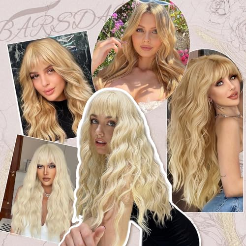 BARSDAR Long Wavy Blonde Wig With Bangs - 26 Inch Long Wavy Blonde Wig with Bangs for Women - Thick Soft Synthetic Hair Replacement Wigs Natural Looking Daily Cosplay Party Halloween