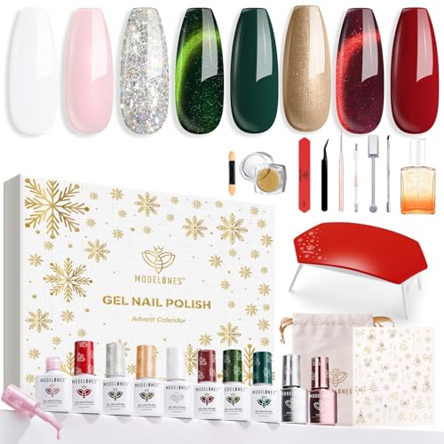 Modelones 8 Colors Gel Nail Polish Kit with U V light, Green Cat Eye Red Gold Sparkle White Glitter Pink Complete Manicure Set Nail Strengthener Base Top Coat Chrome Powder Holiday Gift for Women
