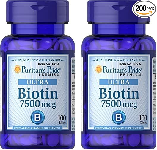 Puritan's Pride Biotin 7500 mcg, Healthy Hair Support, 100 Count, 100 Count (Pack of 2)