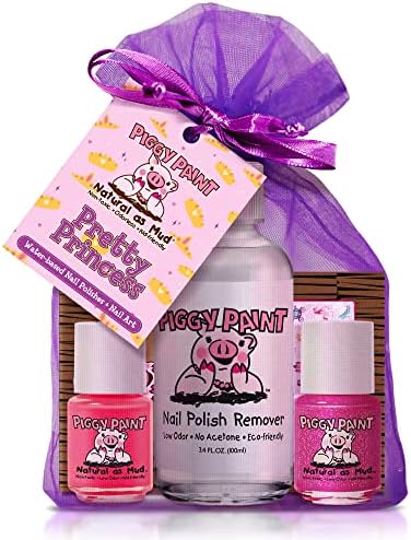 Piggy Paint | 100% Non-Toxic Girls Nail Polish | Safe, Cruelty-free, Vegan, & Low Odor Nail Polish for Kids | Pretty Princess (2 Polish, 1 Remover & Nail Art Gift Set)