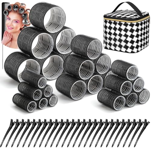 50Pcs Rollers Hair Curlers Self Grip Hair Rollers Set with 24Pcs Hair Rollers in 4 Sizes, 24 Pcs Clips and Cosmetic Bag for Blowout Look Long Medium Thick Hair Volume