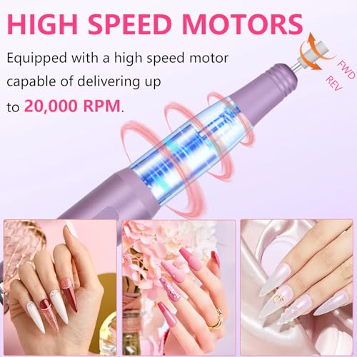Nail Drill and Dremel - 14-in-1 Portable USB-Powered Nail Care Set with 20000RPM Speed for Gel, Dip Powder, Manicure, Pedicure, Shaping & Polishing, in Elegant Purple
