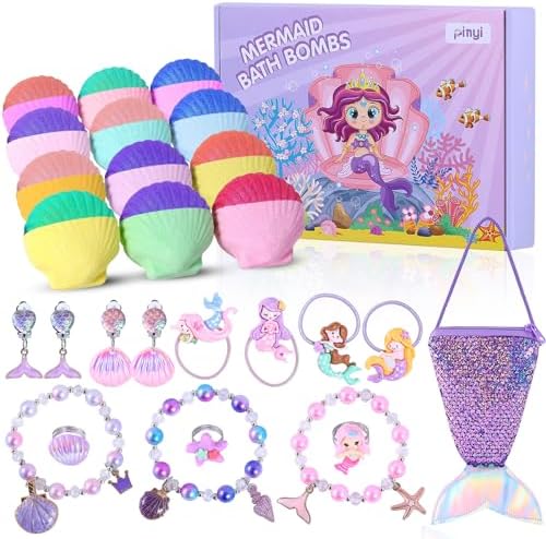 Mermaid Bath Bombs for Girls with Surprise Inside, 12pcs Shell Girls Bath Bombs with Mermaid Jewelry Toys for Kids, Kids Bubble Bath Bomb 3 4 Year Old Girl Easter Birthday Gift Mermaid Party Favors