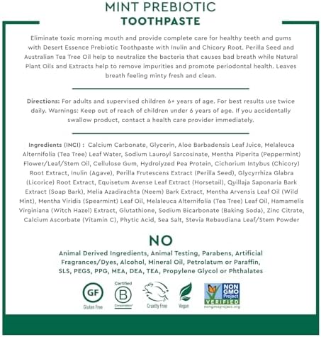 Desert Essence Prebiotic Plant-Based Whitening Toothpaste - Mint - Oral Care with Inulin, Perilla Seed & Aloe - Vegan, Fluoride Free, Non-GMO, Gluten-Free, Cruelty-Free - 6.25 oz