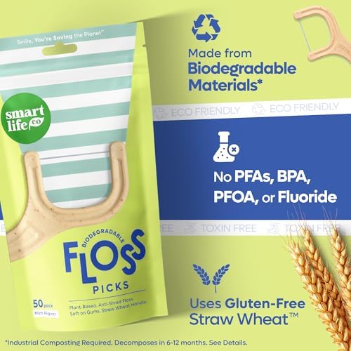 SmartLifeco Biodegradable* Dental Floss Picks - Thin Thread Tooth Flossers for Adults & Kids, Eco-Friendly Handle, Straw Wheat Toothpick Soft on Gum & Teeth, Compostable* Zero Waste Vegan, 200 Mint