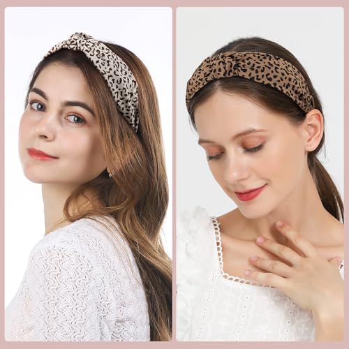 Funtopia Headbands for Women, 9pcs Fashion Knotted Headband Leopard Print Knot Hairband, Cute Wide Headbands for Women Girls Hair Accessories Set(Brown Black White)
