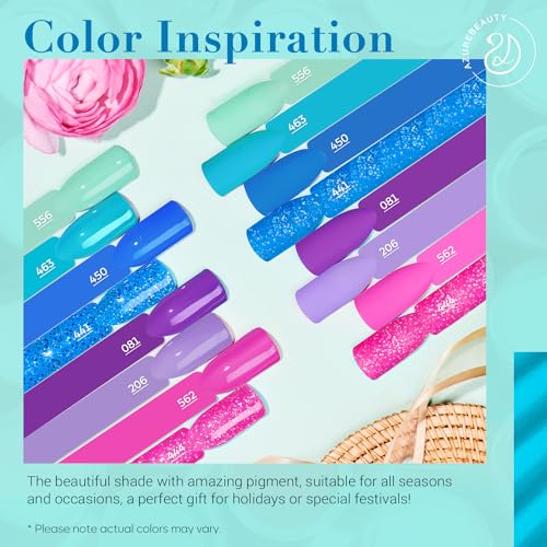 AZUREBEAUTY Dip Nail Powder Starter Kit with Matte Coat, 8 Colors Hot Pink Blue Purple Glitter Spring Dipping Powder Liquid Set with Base/Top Coat Activator 10 Nail Sticks for French Manicure