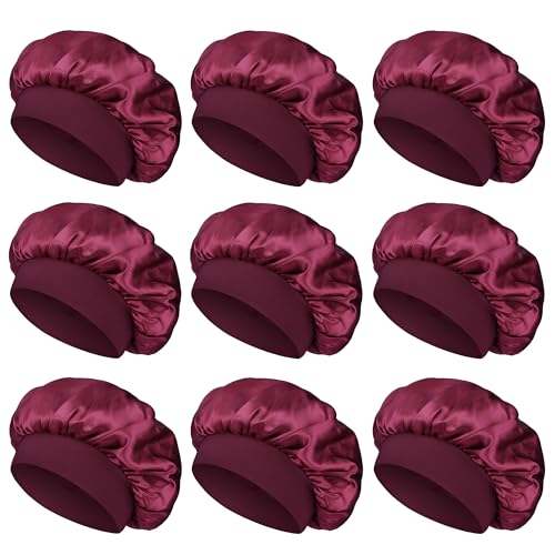 Satin Bonnet Silk Hair Bonnet for Sleeping Women Men Night Cap Sleep Bonnet Hat Hair Cap 9 Pack with Wide Band, Burgundy