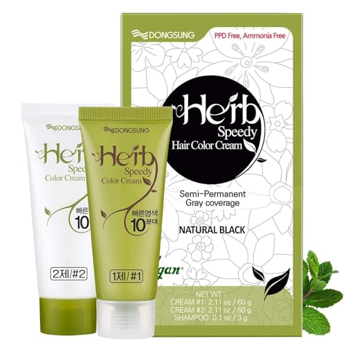 Dongsung Herb Speedy Color Cream PPD-Free Ammonia-Free Vegan Gray Coverage Hair Dye with Sun Protection, Odorless, Gentle for Sensitive Scalp, No Eye or Scalp Irritation (Natural Black)