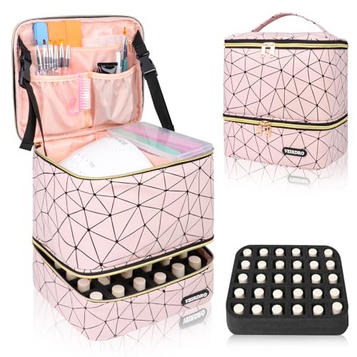 Nail Polish Organizer Bag Holds 30 Bottles (15ml/0.5 fl.oz)& Nail Lamp, Portable Travel Nail Kit Storage Carrying Case, Double Layer Nail Supplies Holder Bag PU Leather Women (Baby Pink)