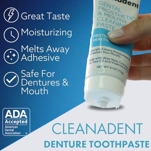 Dr. B Dental Solutions Cleanadent Denture and Gum Toothpaste, ADA Accepted All-Natural Denture Toothpaste for Adults - Removes Odors, Surface Stains and Adhesives - 4 oz