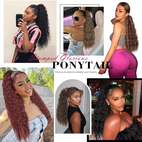 Stamped Glorious Long Corn Wave Ponytail Extension Magic Paste Heat Resistant Wavy Synthetic Wrap Around Ponytail Black Hairpiece for Women (22 Inch, 22 Inch-Black)