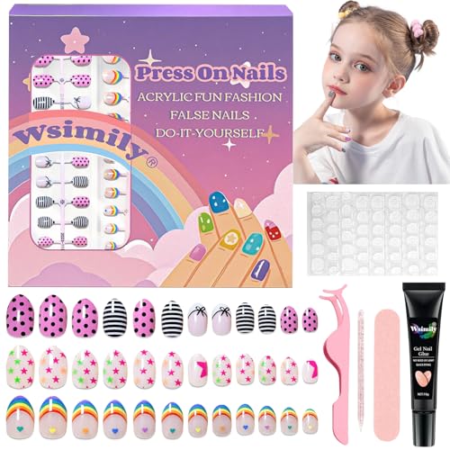 72 Pcs Press on Nails for Kids, Wsimily Lovely Children Fake Nails , 3 Pack False Nails Kit Colorful DIY Nail Art Decorations for Girls, with Jelly Nail Glue and Jelly Nail Adhesives Tools