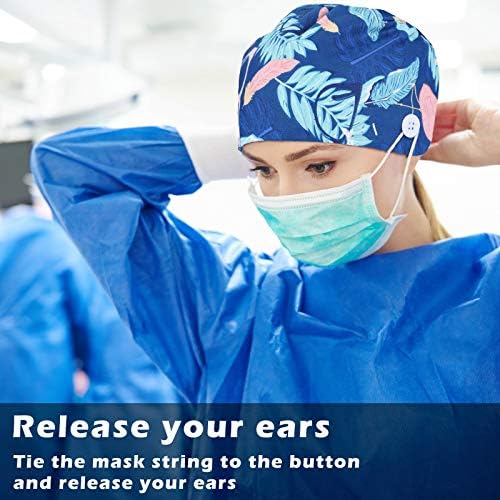 Honoson 6 Pcs Scrub Caps Women Nursing Hats with Buttons Adjustable Bouffant Nurse Hats Ponytail Holder Bouffant Turban
