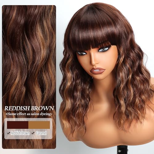 Short Wavy Bob Wig with Bangs Caramel Reddish Brown Curly Hair Wigs for Women Realistic Shoulder Length Style Synthetic Heat Resistant Wig for Everyday Hairstyle 16 Inch