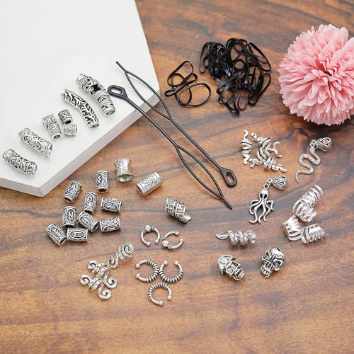Fscwlmon 207Pcs Viking Hair Jewelry Nordic Runes Tube Beads,Accessories Kit for Braids Dreadlock Beard Locs,Metal Clips Cuff Rings,Braiding Beard Decoration Bracelets Pendant Necklace DIY Silver