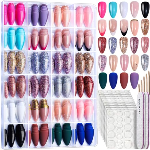 FANDAMEI Press on Nails, 24 Colors 576PCS Press on Nails Almond, Matte Glossy Press on Nails Short Almond, Glitter Fake Nails, Press on Nails French Tip Natural, Press on Nails for Nail Art