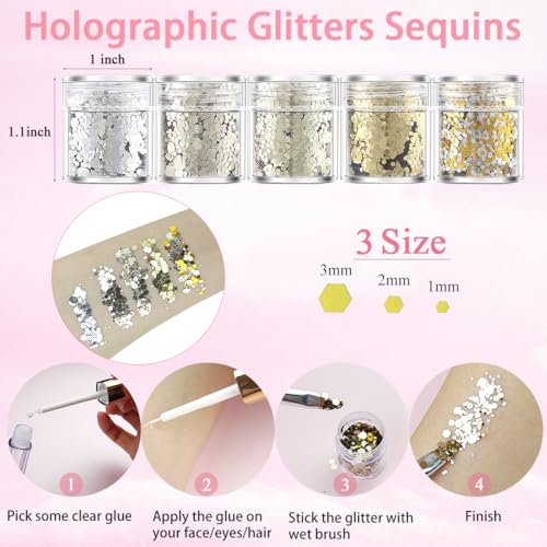 Hair Face Gems Rhinestones with Makeup Glue, Flat Back Colorful Jewels Crystal Half Round Pearl Gold Holographic Glitters Sequins Kit, Wax Pencil Tweezer and Brush for Face Eye Hair Body Makeup