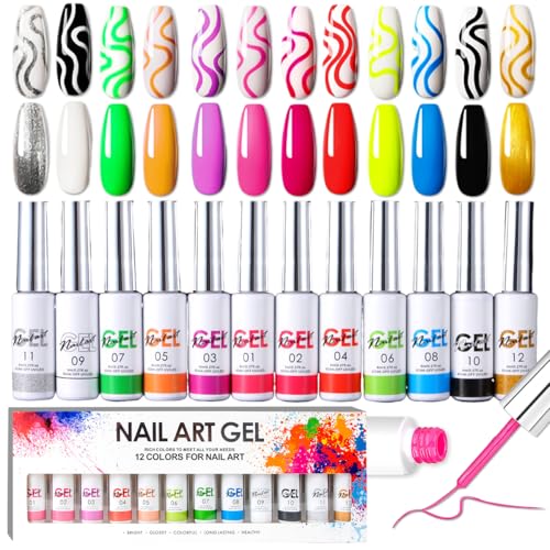 Nail Liner Gel Polish Kit,12 Colors Line Art Painted DIY Nail Polish,2in1 Ultra-fine Brush Head French Pull Line Graffiti Drawing Flower Stripe Design UV Gel Varnish For Nail Art Salon