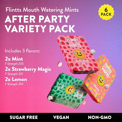 Flintts Mints 2x After Party Pack - Mint (2), Strawberry Magic (2), Lemon(2) - Sugar Free & Vegan, Mouth Watering Mints for Oral Health - Breath Freshener Mint Pocket Size - Dry Mouth Products