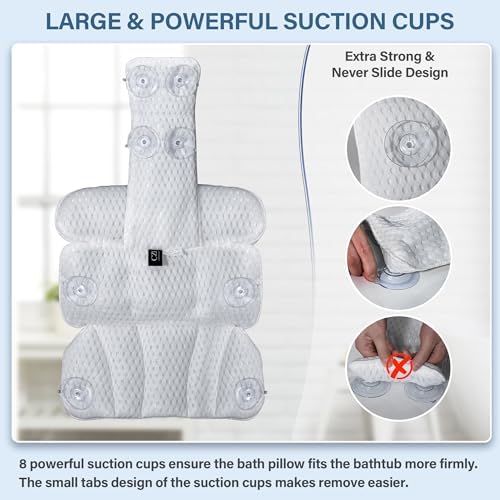 Bath Pillow Bathtub Pillow for Tub Luxury Bath Tub Pillows for Tub Neck and Back Support with 4D Air Mesh Fabric and 8 Strong Powerfull Non-Slip Suction Cups Relaxing Bath Accessories Spa Gifts, White