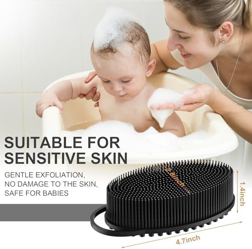 Metene 2 Pack Silicone Exfoliating Body Scrubber with Loop, Soft Body Scrubber for Men and Women, Shower and Bath Skincare Routine (Black)