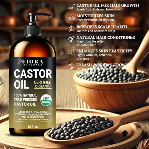 Organic Castor Oil in Glass Bottle – 16 Oz Cold Pressed & Hexane-Free – USDA Certified – Hair Growth Oil For Lashes, Brows, Skin & Scalp – with Pump