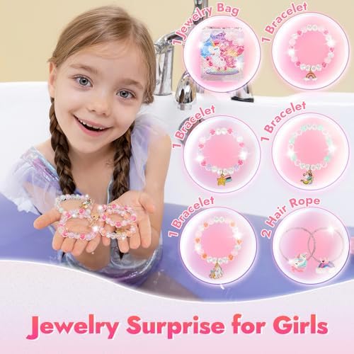 Unicorn Bath Bombs for Kids with Surprise Inside, 6 Pcs Oversized Handmade Bath Bombs with Jewelry Toys & Cross-Body Bag, Gift for Girls Aged 3-12, Christmas, Birthday